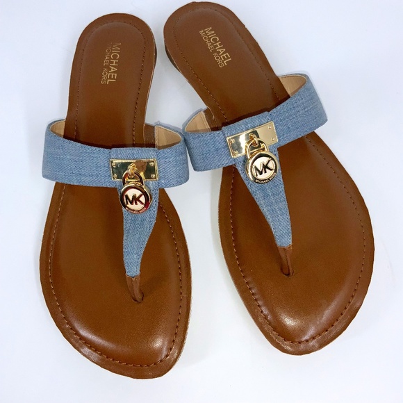 Michael Kors Shoes - Michael Kors Hamilton Denim/Brown Leather Sandals Size 7.5